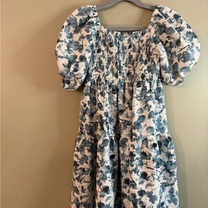 Smocked Puff-Sleeve Kids Dress in Blue Floral